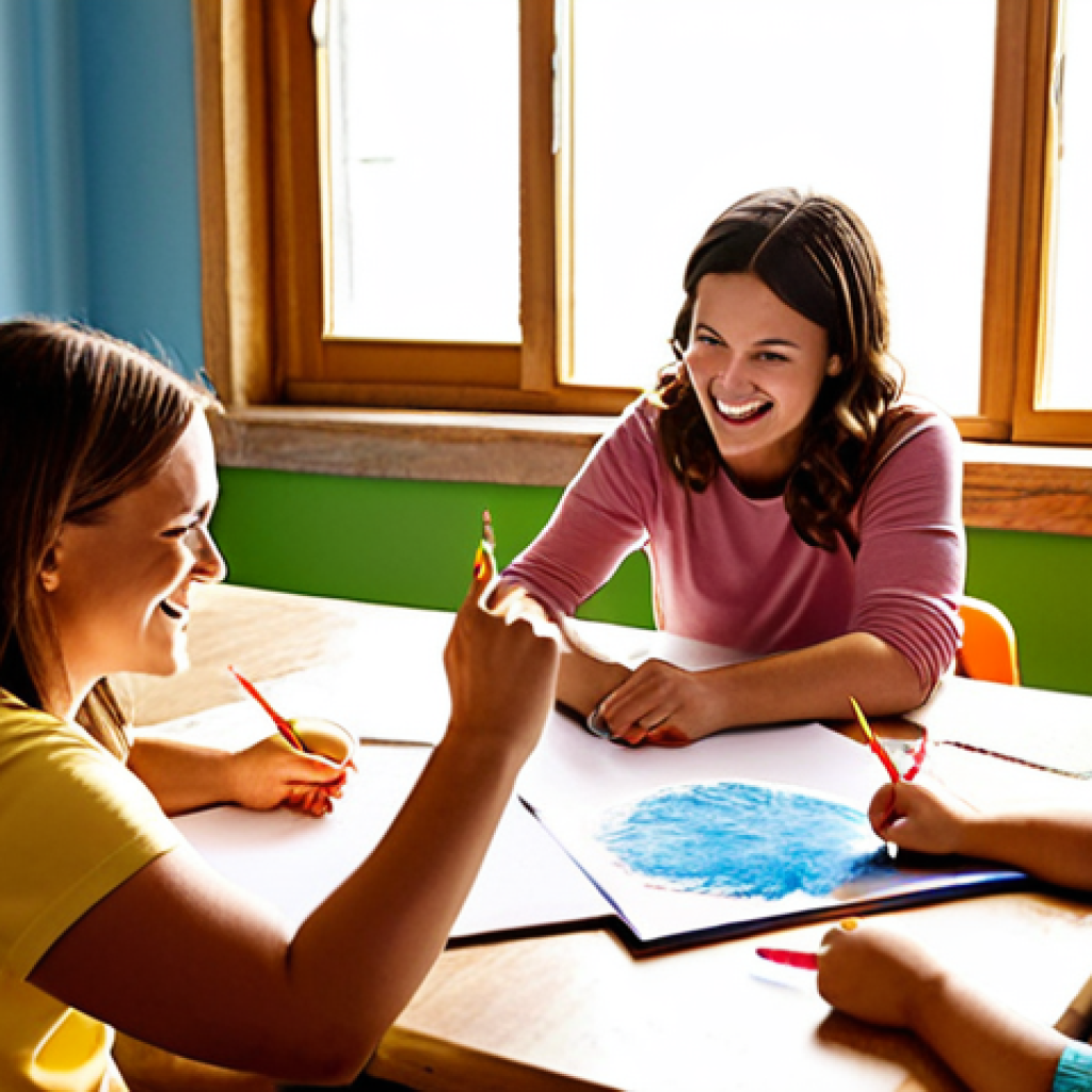 **

A group of smiling preschool teachers are gathered around a table, collaborating on a new lesson plan filled with vibrant art supplies. One teacher is pointing to a drawing of children playing, while another is writing notes. Sunlight streams through a window, illuminating the room with a warm, inviting glow. The atmosphere is one of teamwork, creativity, and shared passion for early childhood education.

**