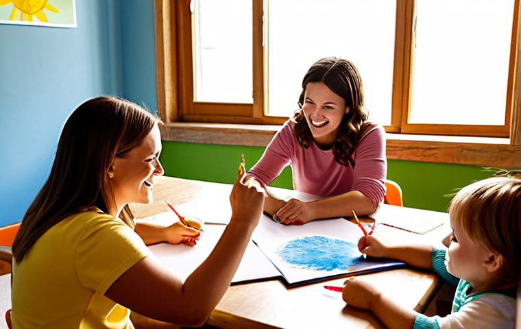 **
A group of smiling preschool teachers are gathered around a table, collaborating on a new lesson plan filled with vibrant art supplies. One teacher is pointing to a drawing of children playing, while another is writing notes. Sunlight streams through a window, illuminating the room with a warm, inviting glow. The atmosphere is one of teamwork, creativity, and shared passion for early childhood education.
**