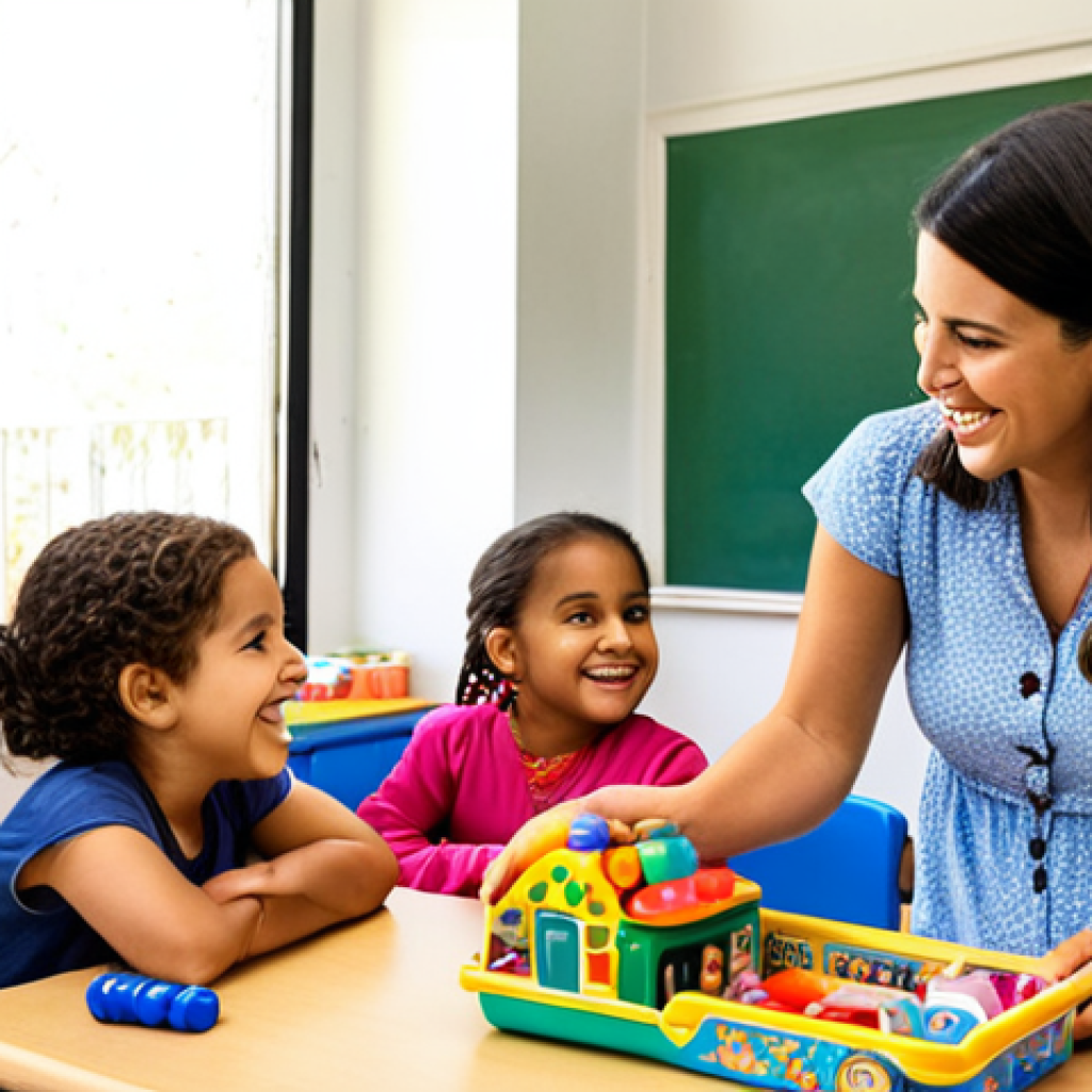 **

A bright and colorful Spanish classroom scene. A young, enthusiastic early childhood educator is interacting with a group of diverse children aged 3-5. The room is filled with educational toys, books in Spanish, and artwork. The educator is smiling warmly, creating a nurturing and stimulating learning environment. Focus on capturing the passion and dedication of the educator.

**