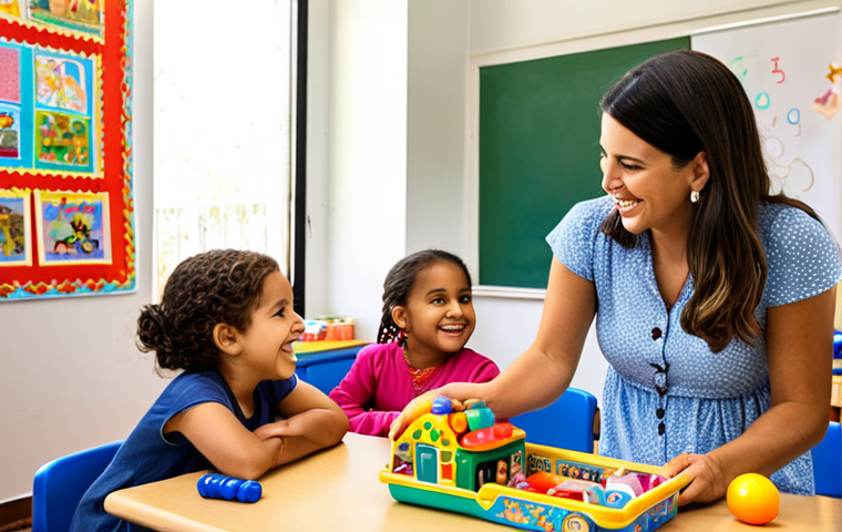 **

A bright and colorful Spanish classroom scene. A young, enthusiastic early childhood educator is interacting with a group of diverse children aged 3-5. The room is filled with educational toys, books in Spanish, and artwork. The educator is smiling warmly, creating a nurturing and stimulating learning environment. Focus on capturing the passion and dedication of the educator.

**