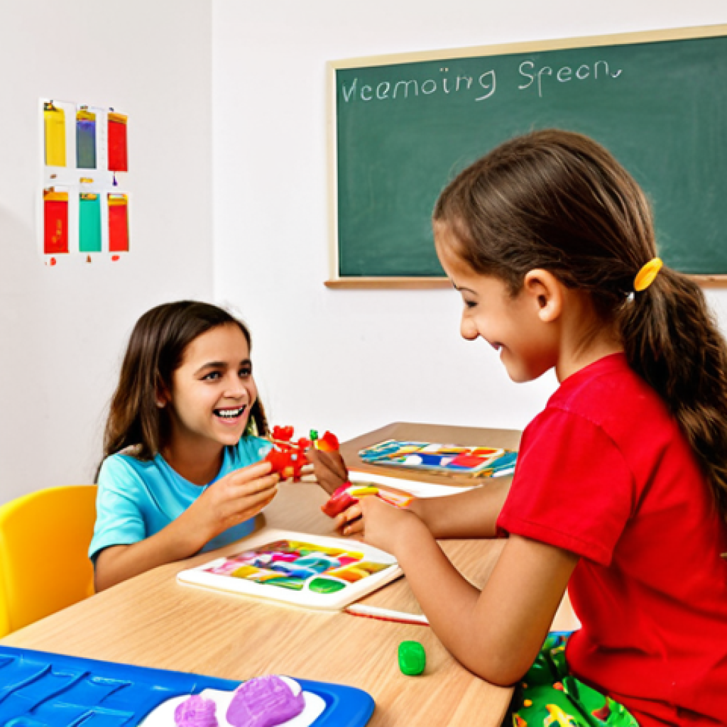**

A bright and colorful classroom scene in Spain. Young children are engaged in various activities: painting, building with blocks, and reading with a teacher. The teacher is smiling and encouraging. Focus on the joy of learning and the vibrant environment. Include typical Spanish classroom decorations.

**