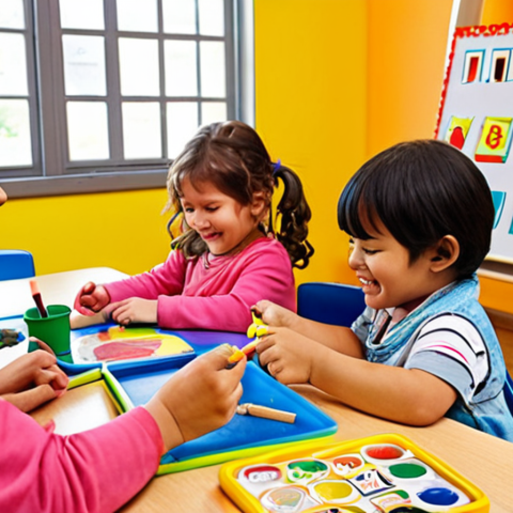 **

A colorful and playful kindergarten classroom scene. Children are engaged in various activities: painting at easels, building with blocks, and reading books in a cozy corner. The teacher is interacting warmly with the children, guiding their learning through play. Focus on bright colors, happy expressions, and a sense of exploration. Emphasis on the joy of learning through hands-on activities.

**