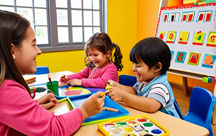 **
A colorful and playful kindergarten classroom scene. Children are engaged in various activities: painting at easels, building with blocks, and reading books in a cozy corner. The teacher is interacting warmly with the children, guiding their learning through play. Focus on bright colors, happy expressions, and a sense of exploration. Emphasis on the joy of learning through hands-on activities.
**