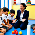 A professional early childhood educator, wearing professional dress and modest clothing, kneeling down and gently interacting with a diverse group of happy, smiling children. The children are fully clothed in appropriate attire, engaged in a playful learning activity using colorful, age-appropriate educational toys in a bright, clean, and organized classroom with ample natural light. The scene emphasizes warmth, connection, and active participation. Perfect anatomy, correct proportions, natural pose, well-formed hands, proper finger count, natural body proportions, professional photography, high quality, safe for work, appropriate content, fully clothed, professional.