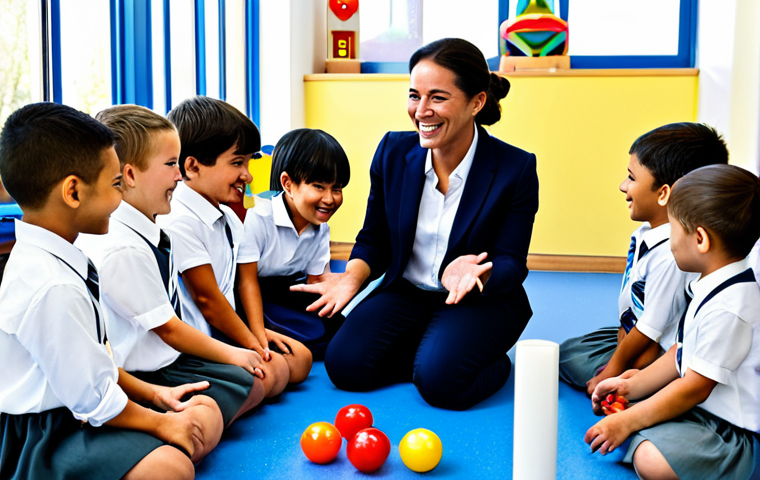 A professional early childhood educator, wearing professional dress and modest clothing, kneeling down and gently interacting with a diverse group of happy, smiling children. The children are fully clothed in appropriate attire, engaged in a playful learning activity using colorful, age-appropriate educational toys in a bright, clean, and organized classroom with ample natural light. The scene emphasizes warmth, connection, and active participation. Perfect anatomy, correct proportions, natural pose, well-formed hands, proper finger count, natural body proportions, professional photography, high quality, safe for work, appropriate content, fully clothed, professional.