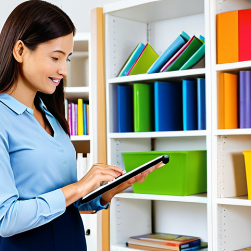 Home 25 A professional early childhood educator, female, in a modest business casual outfit, calmly using a tablet in a well-organized, bright modern classroom office area. Her posture is natural and relaxed, reflecting efficiency and control over her tasks. The background shows hints of a tidy, colorful early learning environment, such as orderly shelves with educational toys. The scene conveys a sense of calm productivity. perfect anatomy, correct proportions, natural pose, well-formed hands, proper finger count, natural body proportions, fully clothed, modest clothing, appropriate attire, professional dress, safe for work, appropriate content, family-friendly, professional photography, high quality.