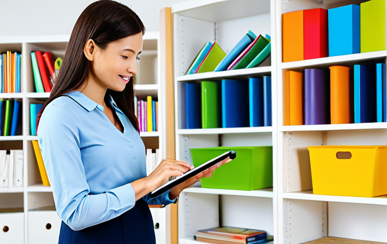 A professional early childhood educator, female, in a modest business casual outfit, calmly using a tablet in a well-organized, bright modern classroom office area. Her posture is natural and relaxed, reflecting efficiency and control over her tasks. The background shows hints of a tidy, colorful early learning environment, such as orderly shelves with educational toys. The scene conveys a sense of calm productivity. perfect anatomy, correct proportions, natural pose, well-formed hands, proper finger count, natural body proportions, fully clothed, modest clothing, appropriate attire, professional dress, safe for work, appropriate content, family-friendly, professional photography, high quality.