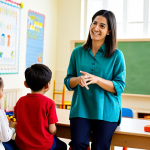 A professional female early childhood educator with a thoughtful and kind expression, fully clothed in modest, comfortable, and appropriate attire such as a soft-colored tunic and trousers. She is observing a brightly lit, inviting childcare classroom. In the background, a few diverse children are gently engaged in free play with natural wooden toys and exploration materials, their faces turned slightly away or partially visible to maintain privacy, emphasizing the educator's focus on their learning environment. The atmosphere is calm and nurturing, with warm, natural light. Professional photography, sharp focus, vibrant colors, perfect anatomy, correct proportions, well-formed hands, proper finger count, natural body proportions, safe for work, appropriate content, professional, family-friendly.