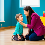 A caring adult educator, fully clothed in professional, modest attire, gently kneeling to speak with a young child. The child, also fully clothed in age-appropriate, family-friendly clothing, is looking up, engaged in conversation. They are in a modern, brightly lit early learning center, surrounded by colorful, safe educational toys and soft natural light streaming through a window. The adult has a warm, understanding expression, demonstrating active listening and empathy. The scene emphasizes a supportive and nurturing learning environment. Perfect anatomy, correct proportions, natural pose, well-formed hands, proper finger count, natural body proportions. High-quality professional photography, soft focus, bright and inviting colors, safe for work, appropriate content.