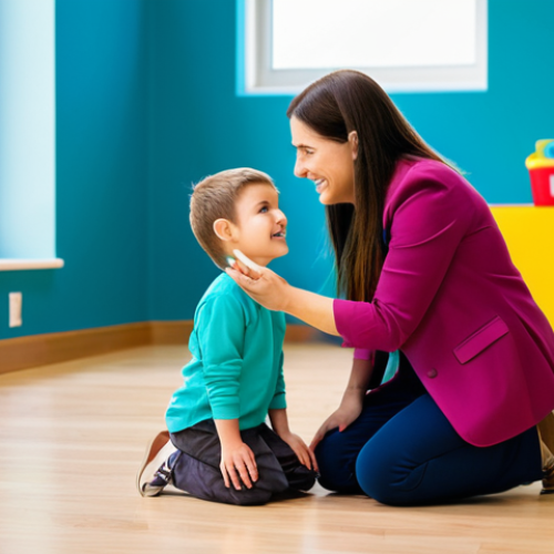 Home 23 A caring adult educator, fully clothed in professional, modest attire, gently kneeling to speak with a young child. The child, also fully clothed in age-appropriate, family-friendly clothing, is looking up, engaged in conversation. They are in a modern, brightly lit early learning center, surrounded by colorful, safe educational toys and soft natural light streaming through a window. The adult has a warm, understanding expression, demonstrating active listening and empathy. The scene emphasizes a supportive and nurturing learning environment. Perfect anatomy, correct proportions, natural pose, well-formed hands, proper finger count, natural body proportions. High-quality professional photography, soft focus, bright and inviting colors, safe for work, appropriate content.