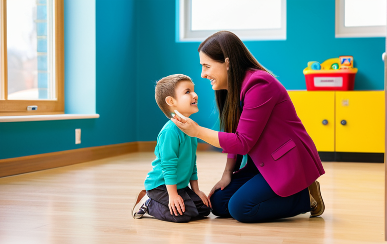 A caring adult educator, fully clothed in professional, modest attire, gently kneeling to speak with a young child. The child, also fully clothed in age-appropriate, family-friendly clothing, is looking up, engaged in conversation. They are in a modern, brightly lit early learning center, surrounded by colorful, safe educational toys and soft natural light streaming through a window. The adult has a warm, understanding expression, demonstrating active listening and empathy. The scene emphasizes a supportive and nurturing learning environment. Perfect anatomy, correct proportions, natural pose, well-formed hands, proper finger count, natural body proportions. High-quality professional photography, soft focus, bright and inviting colors, safe for work, appropriate content.