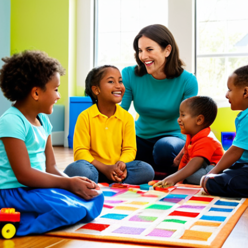 Home 22 A diverse group of cheerful preschool children, fully clothed in bright, modest play clothes, and a professional female educator in appropriate, modest professional attire. They are in a spacious, modern early childhood classroom, filled with natural light, colorful educational toys, soft rugs, and a "calm corner" visible in the background. The children are engaged in constructive play, some building with blocks, others interacting calmly. Perfect anatomy, correct proportions, well-formed hands, proper finger count, natural body proportions, natural poses. Safe for work, appropriate content, family-friendly, high-quality professional photography, vibrant colors, clear focus.