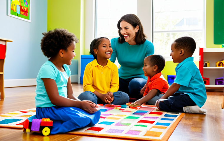 A diverse group of cheerful preschool children, fully clothed in bright, modest play clothes, and a professional female educator in appropriate, modest professional attire. They are in a spacious, modern early childhood classroom, filled with natural light, colorful educational toys, soft rugs, and a "calm corner" visible in the background. The children are engaged in constructive play, some building with blocks, others interacting calmly. Perfect anatomy, correct proportions, well-formed hands, proper finger count, natural body proportions, natural poses. Safe for work, appropriate content, family-friendly, high-quality professional photography, vibrant colors, clear focus.