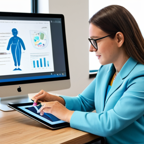 Home 9 A professional early childhood educator, fully clothed in modest business casual attire, working on a tablet in a bright, modern educational tech office. She is focused on designing digital learning content, surrounded by creative and child-friendly educational software mockups on other screens. The image features perfect anatomy, correct proportions, natural pose, well-formed hands, and proper finger count. Professional photography, high quality, safe for work, appropriate content, family-friendly.
