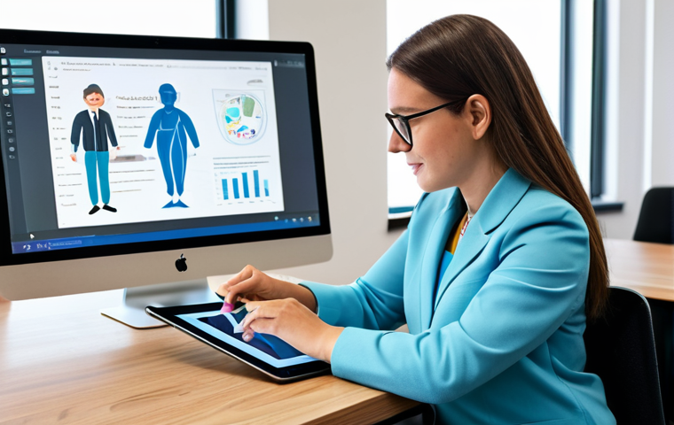 A professional early childhood educator, fully clothed in modest business casual attire, working on a tablet in a bright, modern educational tech office. She is focused on designing digital learning content, surrounded by creative and child-friendly educational software mockups on other screens. The image features perfect anatomy, correct proportions, natural pose, well-formed hands, and proper finger count. Professional photography, high quality, safe for work, appropriate content, family-friendly.