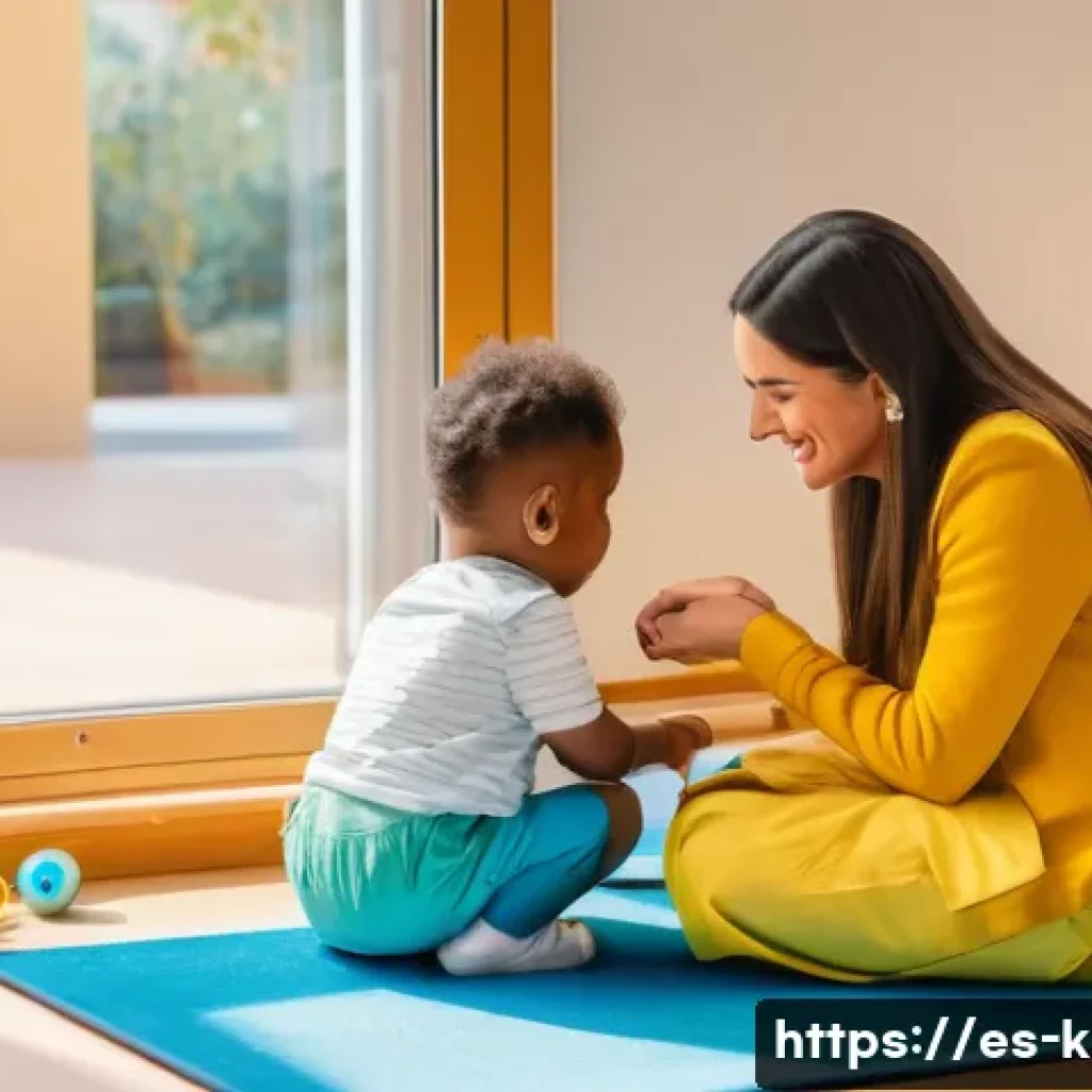 유아교육지도사 실기시험 시 주요 채점 기준 - A warm and inviting early childhood classroom scene in Spain, showing a female educator kneeling dow...