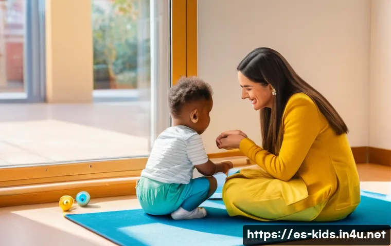 유아교육지도사 실기시험 시 주요 채점 기준 - A warm and inviting early childhood classroom scene in Spain, showing a female educator kneeling dow...