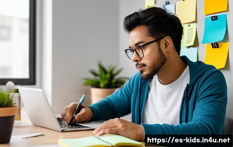 유아교육지도사 필기시험 고득점 사례 연구 - A focused young adult student sitting at a tidy desk in a cozy study room with natural light, using ...