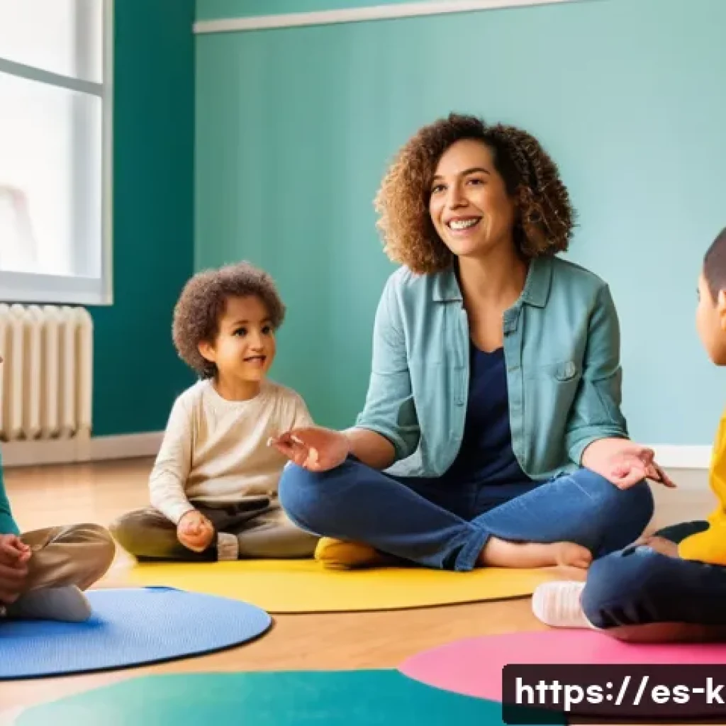 유아교육지도사로서 피드백 주고받기 - A warm, inviting classroom scene in a modern Spanish preschool, featuring a diverse group of young c...