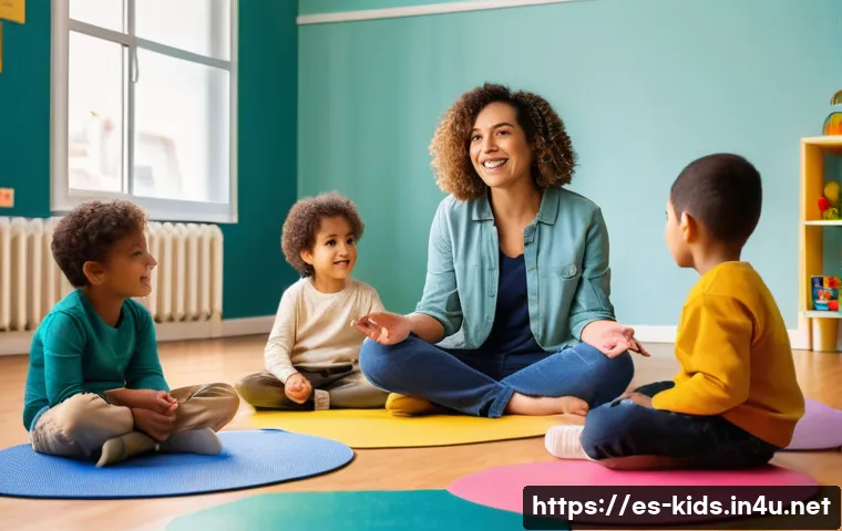 유아교육지도사로서 피드백 주고받기 - A warm, inviting classroom scene in a modern Spanish preschool, featuring a diverse group of young c...