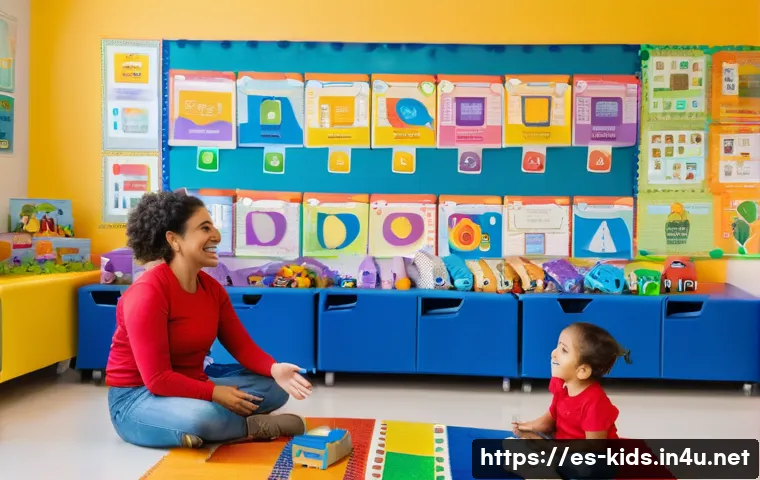 유아교육지도사 자격증 갱신 준비 가이드 - A professional early childhood educator in a modern Spanish classroom setting, engaged in a group ac...