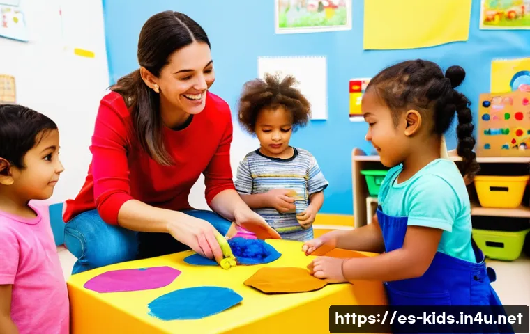 유아교육지도사로서의 첫 근무 경험 공유 - A lively and warm classroom scene in a Spanish preschool, showing diverse young children wearing col...