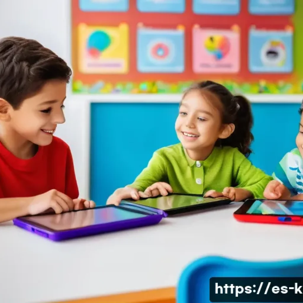 유아교육지도사와 관련된 최신 교육 기술 - A bright and cheerful early childhood classroom scene in Spain, where a diverse group of young child...