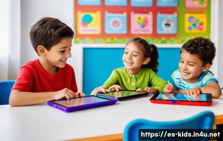 유아교육지도사와 관련된 최신 교육 기술 - A bright and cheerful early childhood classroom scene in Spain, where a diverse group of young child...