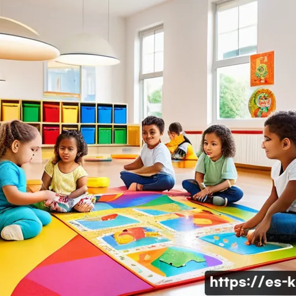 유아교육지도사 실무에서 발생하는 문제점 - A bright and cheerful early childhood classroom in Spain, showing a diverse group of toddlers wearin...