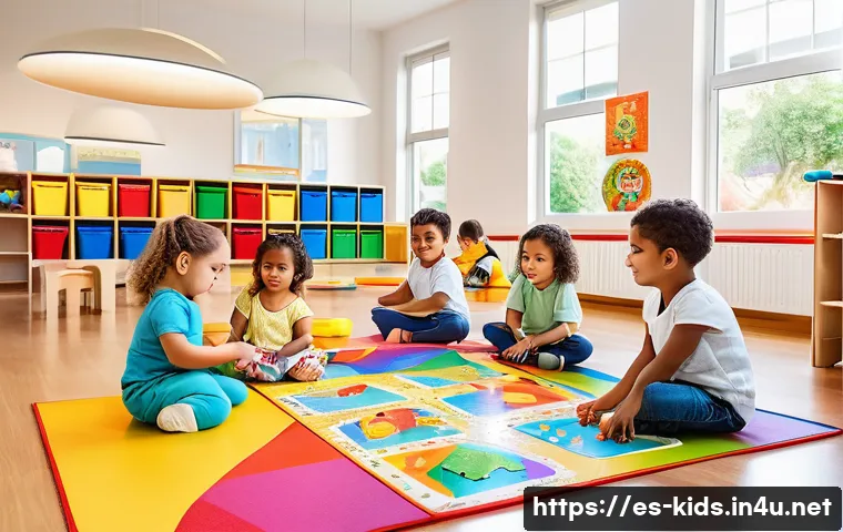 유아교육지도사 실무에서 발생하는 문제점 - A bright and cheerful early childhood classroom in Spain, showing a diverse group of toddlers wearin...