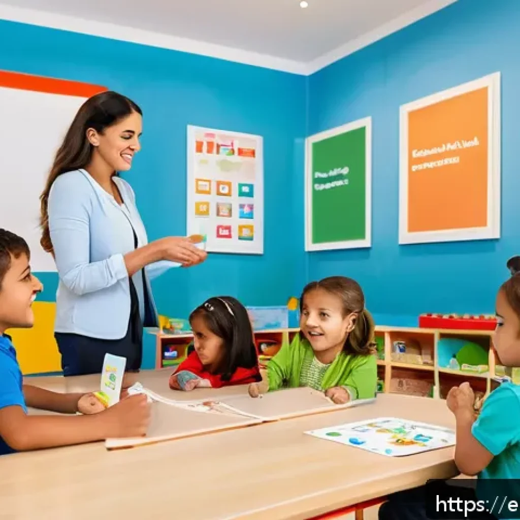 유아교육지도사 자격증 시험 응시 조건 - A professional classroom scene in Spain showing a certified early childhood educator interacting war...