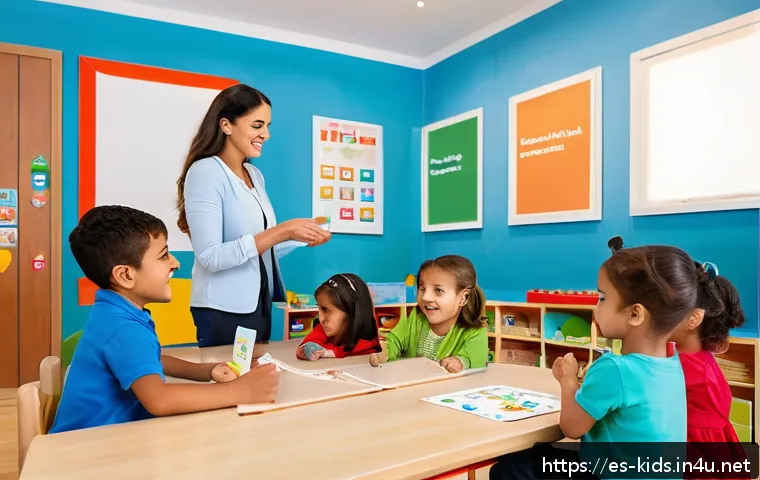 유아교육지도사 자격증 시험 응시 조건 - A professional classroom scene in Spain showing a certified early childhood educator interacting war...