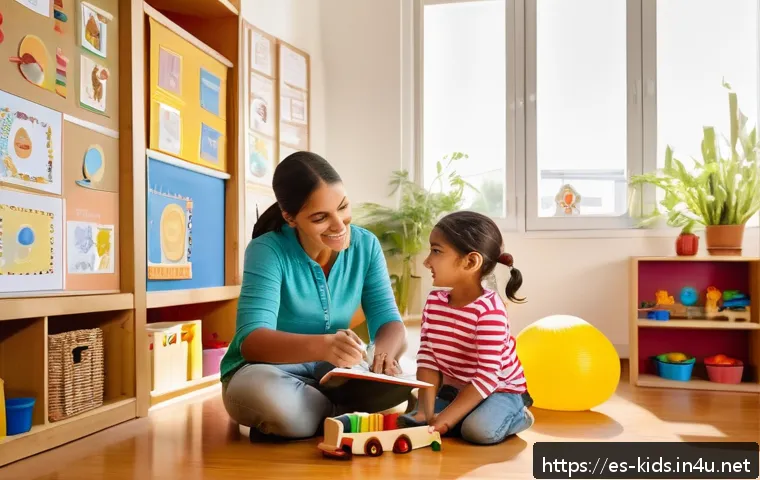 유아교육지도사 자격증 시험에 자주 나오는 키워드 - A warm, inviting early childhood classroom scene in a Spanish cultural setting, showing a diverse gr...