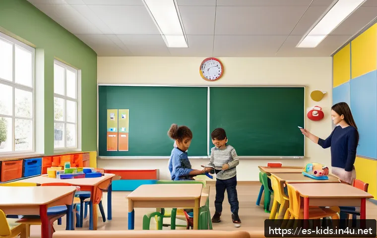 유아교육지도사로서 업무 효율성 높이는 법 - A bright and modern early childhood classroom in a Spanish-speaking country, featuring a well-organi...