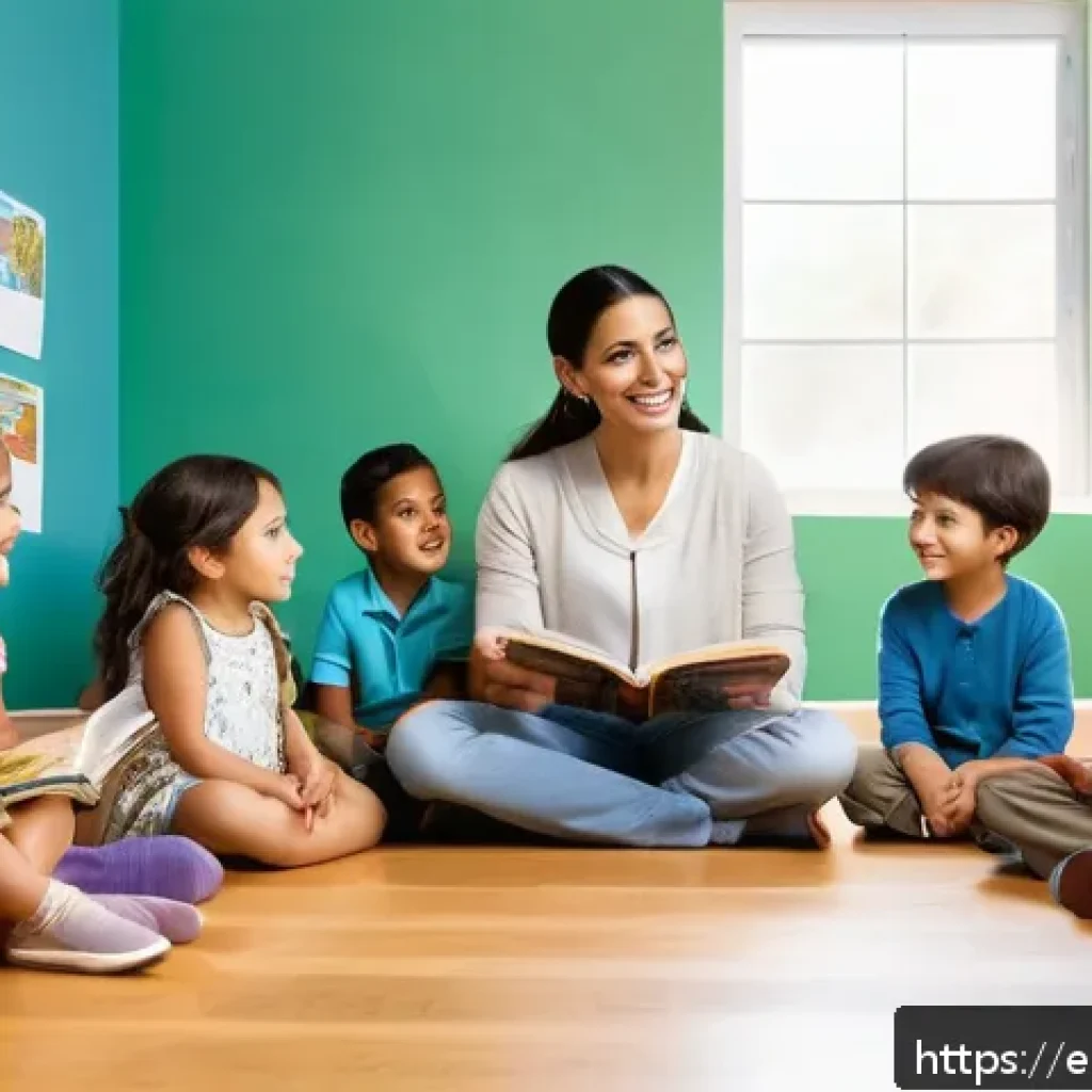 유아교육지도사 강의 중 발생한 에피소드 - A warm and vibrant preschool classroom scene set in a Spanish-speaking country, featuring a diverse ...