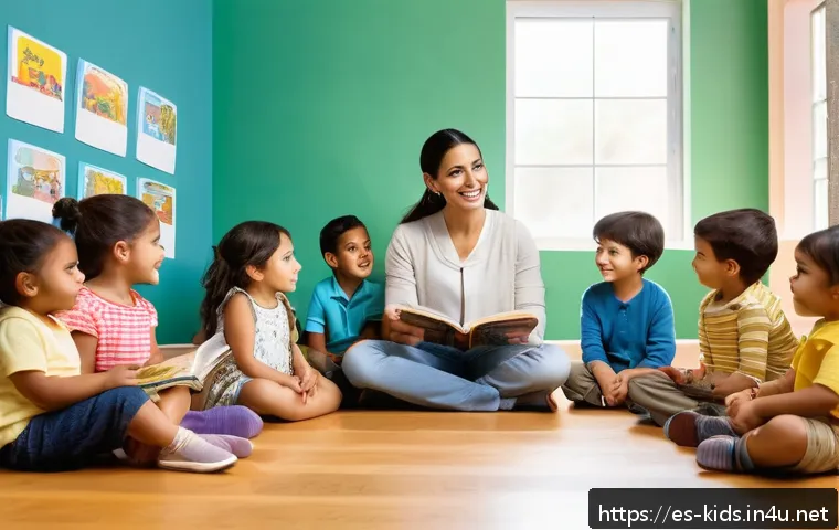 유아교육지도사 강의 중 발생한 에피소드 - A warm and vibrant preschool classroom scene set in a Spanish-speaking country, featuring a diverse ...