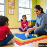 유아교육지도사 실무 사례 연구 방법 - A warm and inviting classroom scene in a Spanish-speaking early childhood education center, showing ...