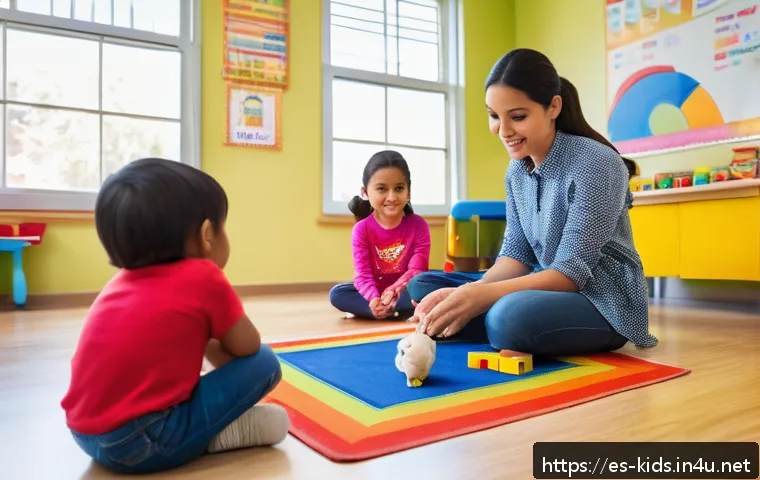 유아교육지도사 실무 사례 연구 방법 - A warm and inviting classroom scene in a Spanish-speaking early childhood education center, showing ...