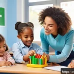 유아교육지도사 경력직 채용 팁 - A bright and welcoming early childhood classroom scene in Spain, featuring a diverse group of young ...
