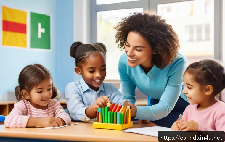 유아교육지도사 경력직 채용 팁 - A bright and welcoming early childhood classroom scene in Spain, featuring a diverse group of young ...