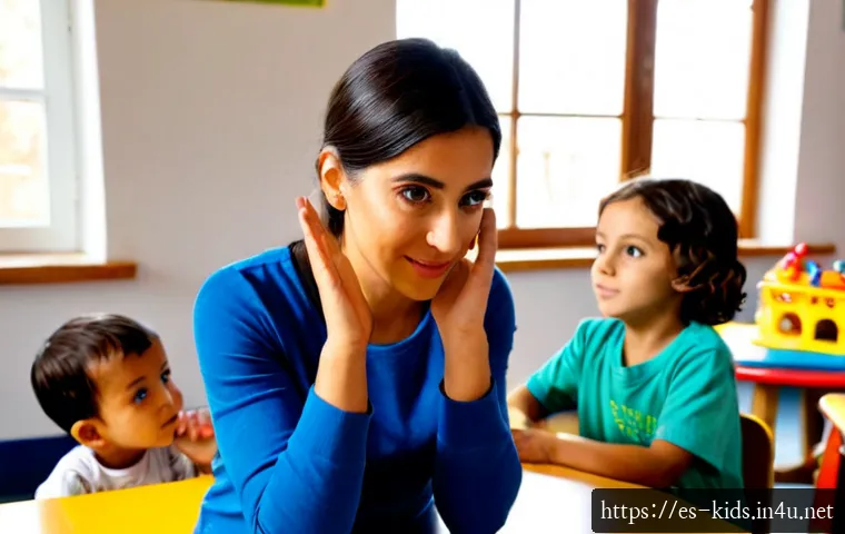 유아교육지도사로서 커뮤니케이션 스킬 향상법 - Photorealistic early childhood educator in a bright Spanish preschool classroom, kneeling at eye lev...